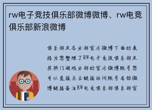 rw电子竞技俱乐部微博微博、rw电竞俱乐部新浪微博